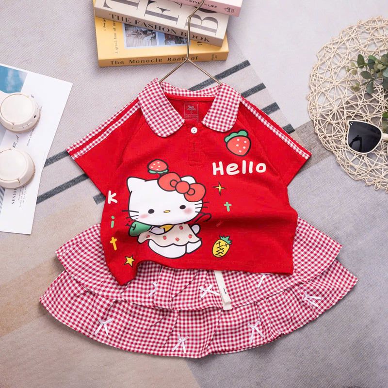 Bộ váy bé gái caro Kitty dâu