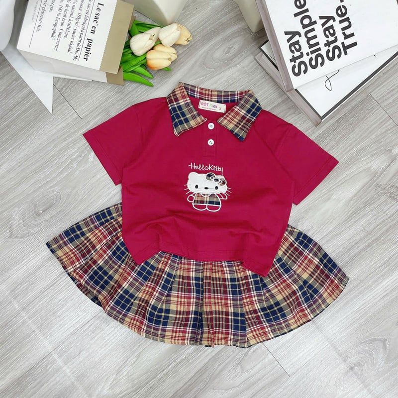 Bộ váy bé gái caro Kitty