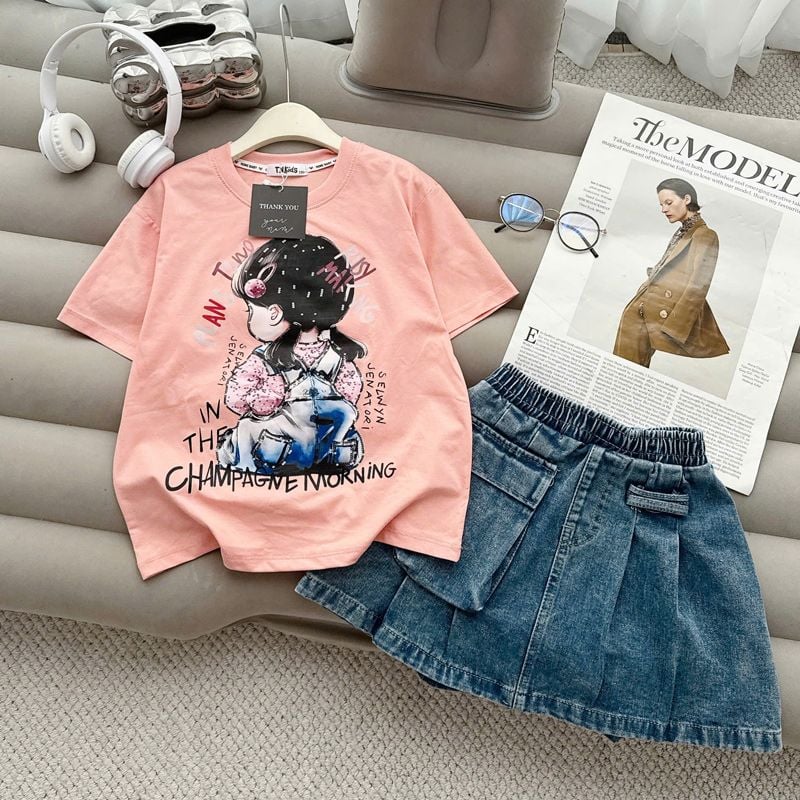 Bộ váy jean bé gái cô gái Champagne