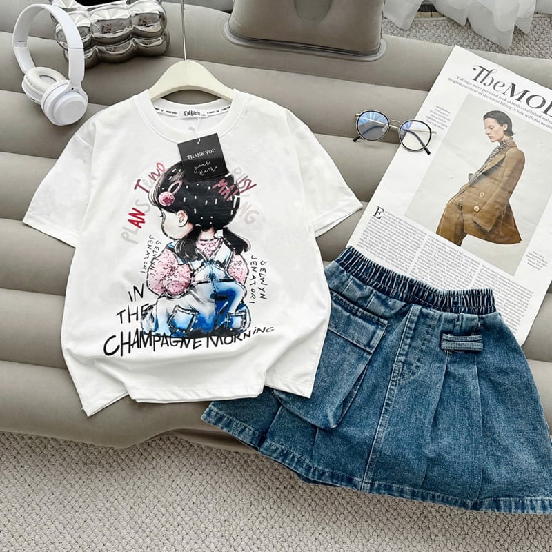 Bộ váy jean bé gái cô gái Champagne