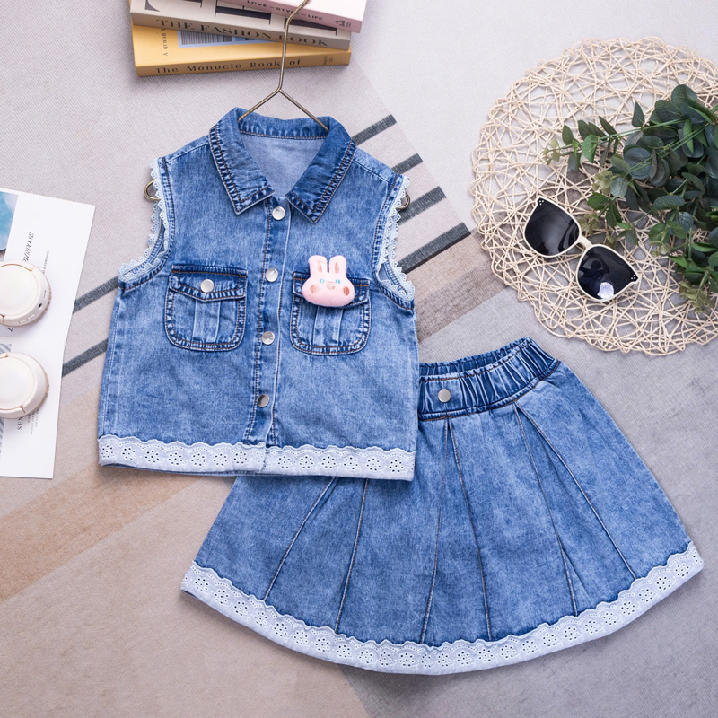 Bộ váy jean bé gái thỏ hồng