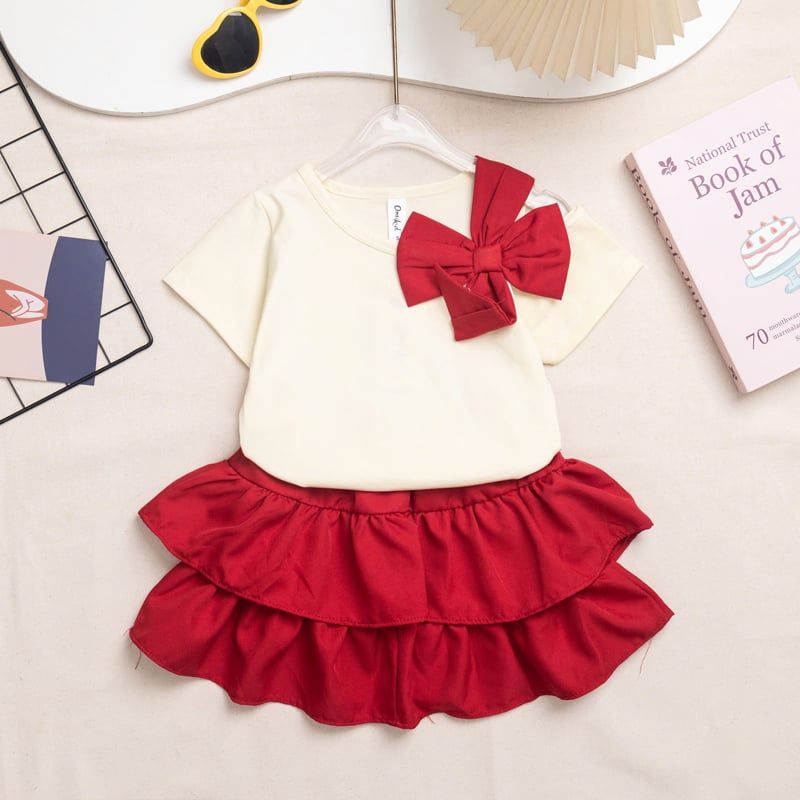 Bộ váy tầng bé gái đính nơ