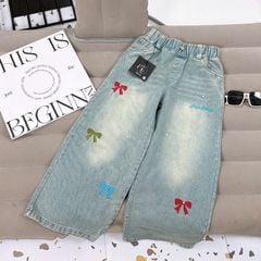 Quần jean bé gái suông dài thêu nơ