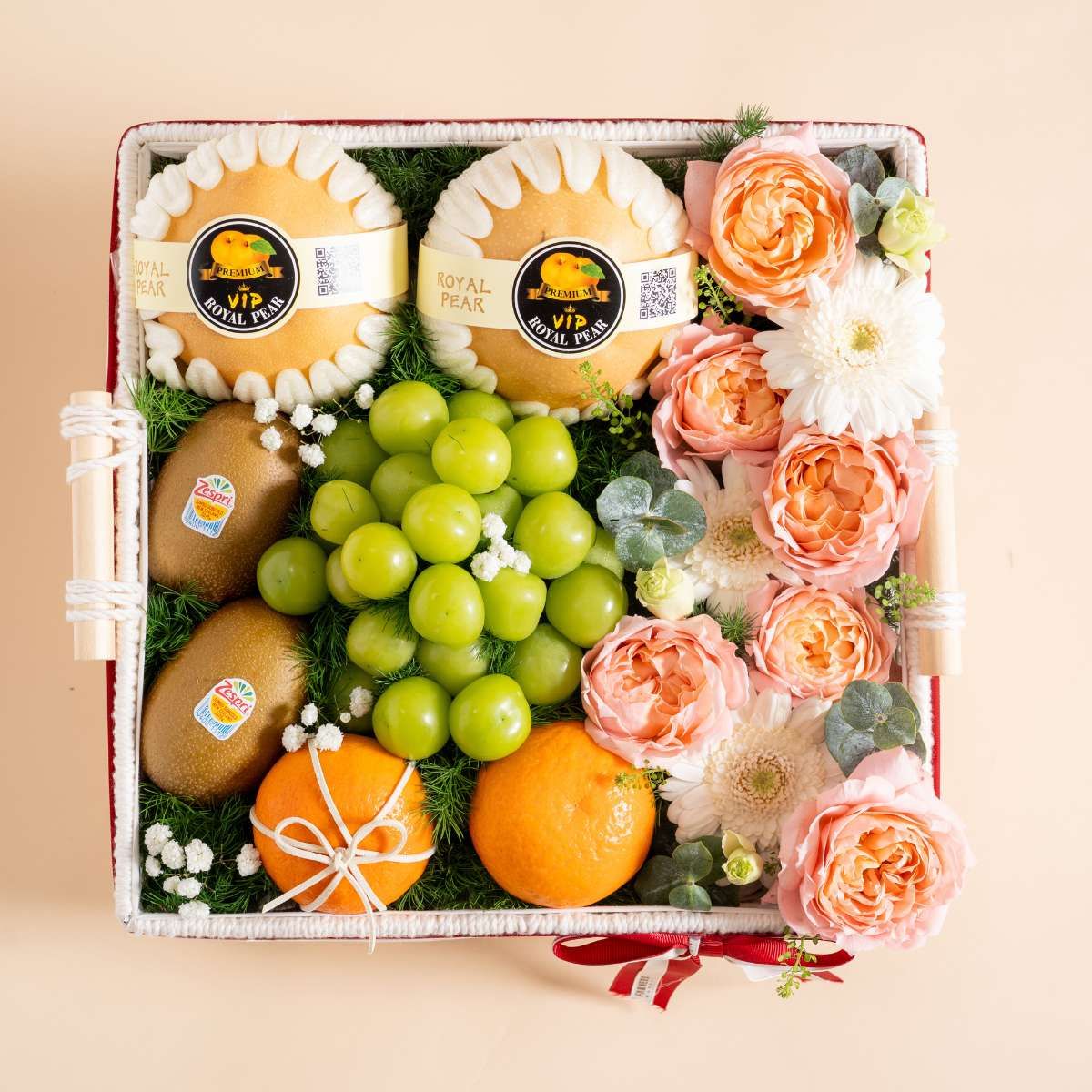  Giỏ Đan Trái Cây Hỗn Hợp Và Hoa Juliet Tone Hồng Tiêu Chuẩn - GIAO NỘI THÀNH TPHCM 