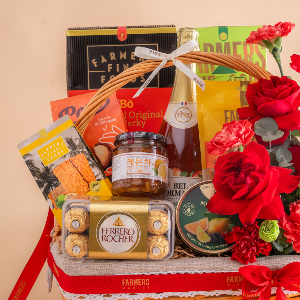  Giỏ Quà Nước Trái Cây - Ăn Vặt Và Hoa Tone Đỏ Tinh Tế - GIAO NỘI THÀNH TPHCM 