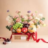  Khay Gỗ Trái Cây Các Loại  Và Hoa Tone Hồng Tinh Tế - GIAO NỘI THÀNH TPHCM 