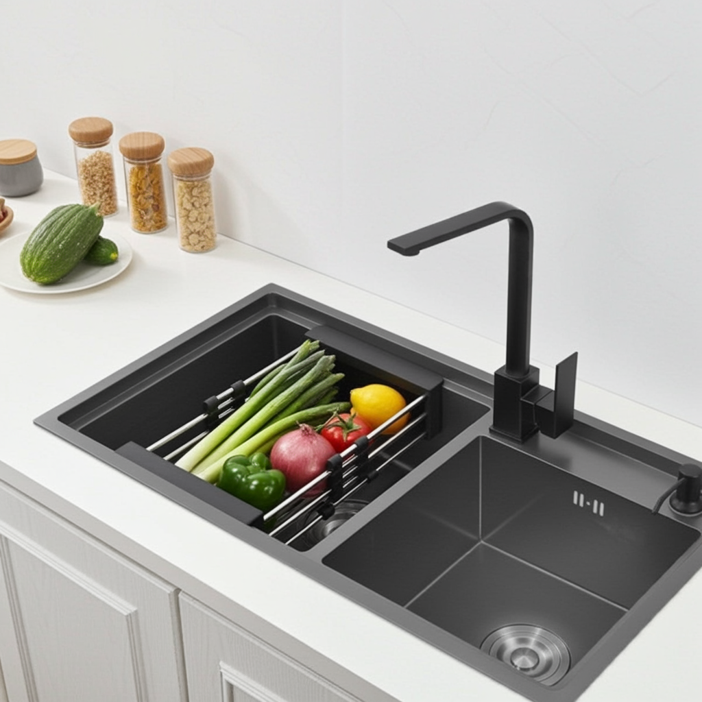 Chậu rửa bát âm bàn nano đen kt 82x45 lệch