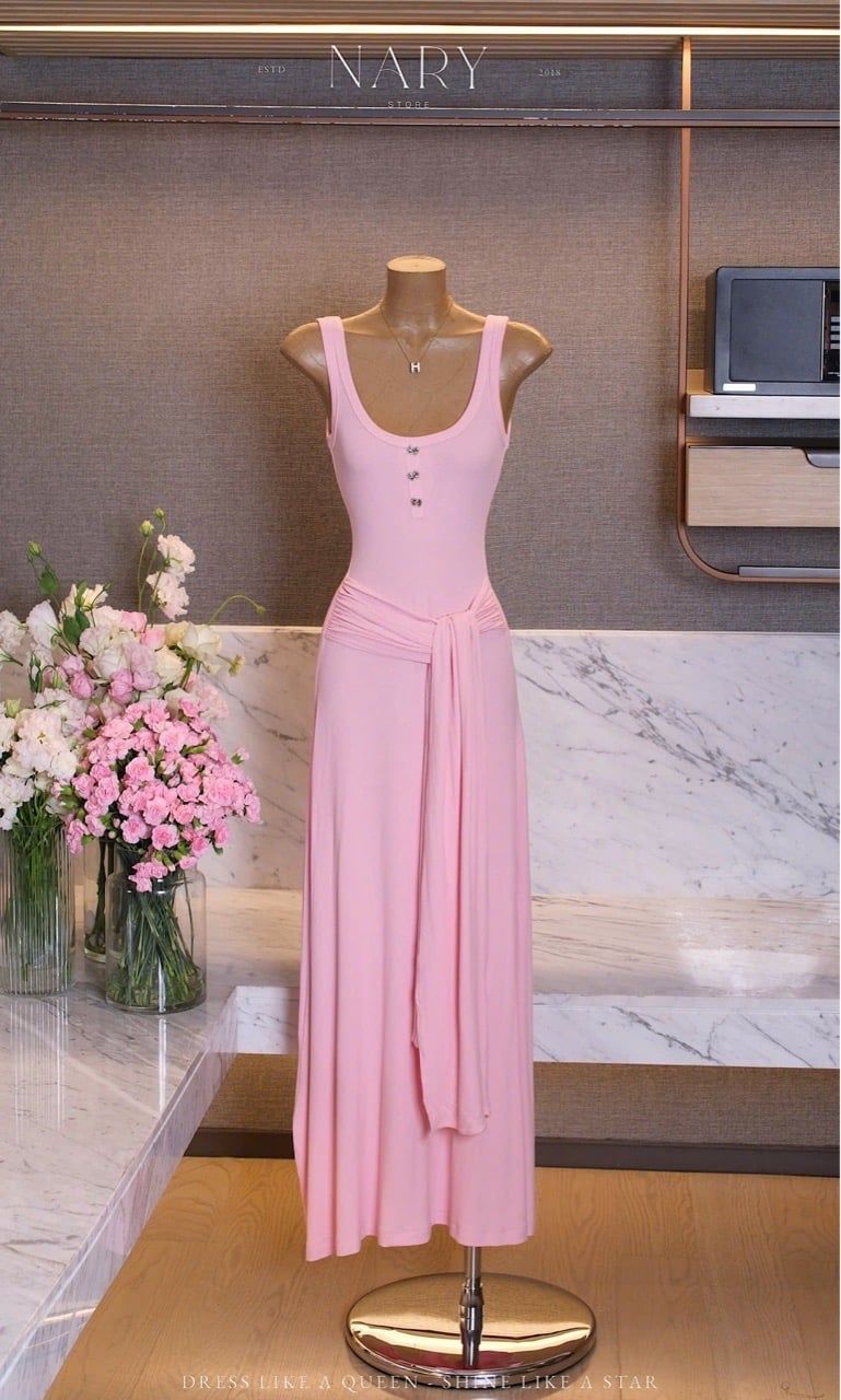 Đầm Dài Cột Eo Đính Nơ