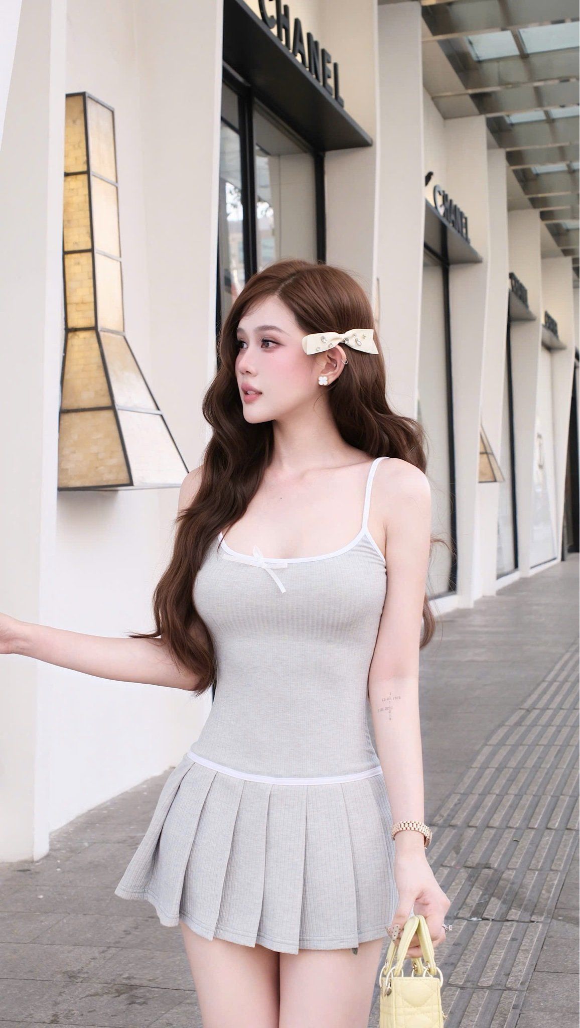 Đầm 2S Xếp Ly Đính Nơ