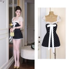 Đầm Chấm Bi Viền Ren Đính Nơ