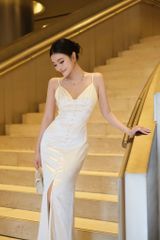 Đầm Lụa Nơ Nổi Nút Bọc