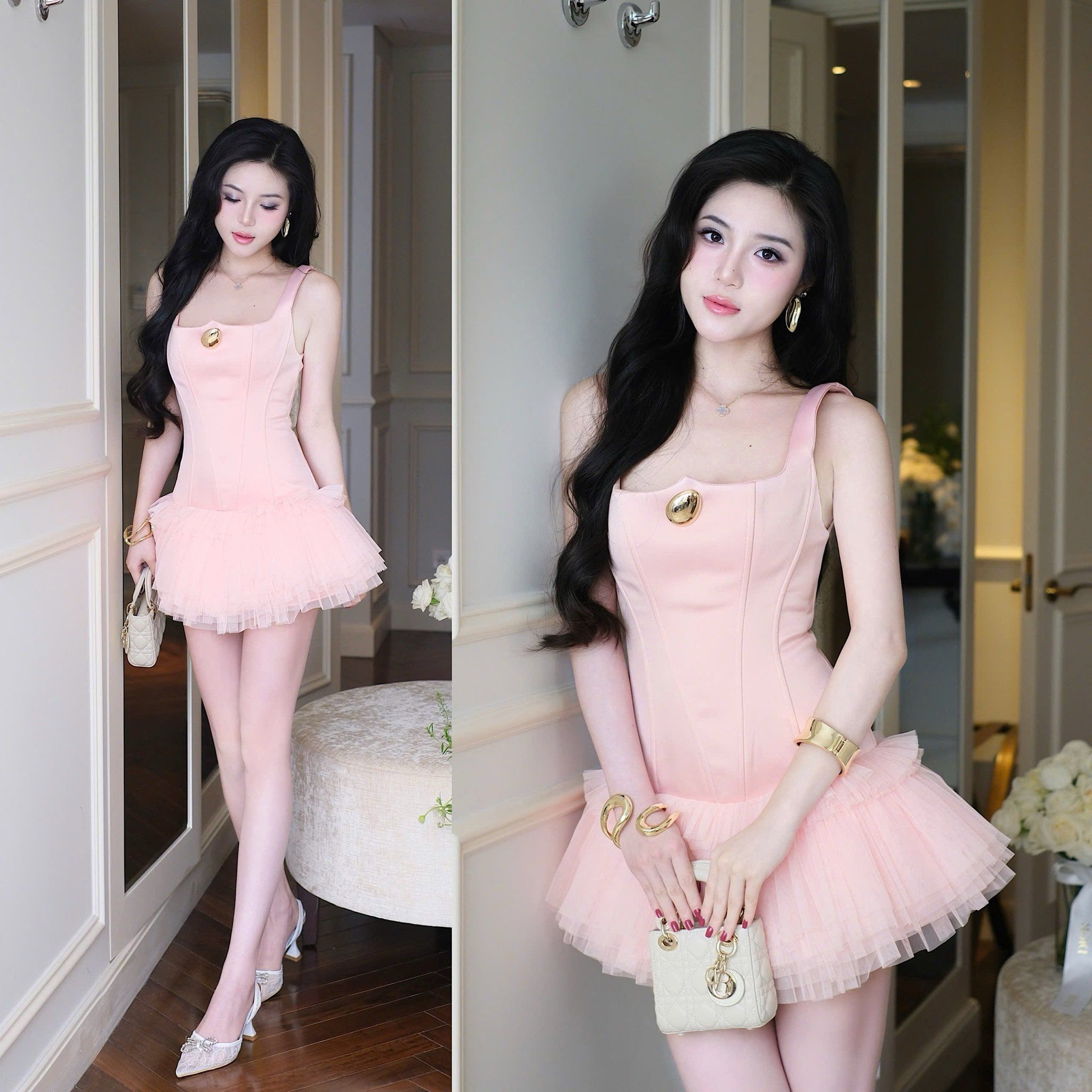 Đầm Phi Phối Lưới Kèm Charm