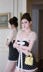 Đầm Chấm Bi Viền Ren Đính Nơ