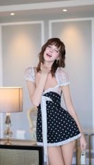 Đầm Chấm Bi Viền Ren Đính Nơ