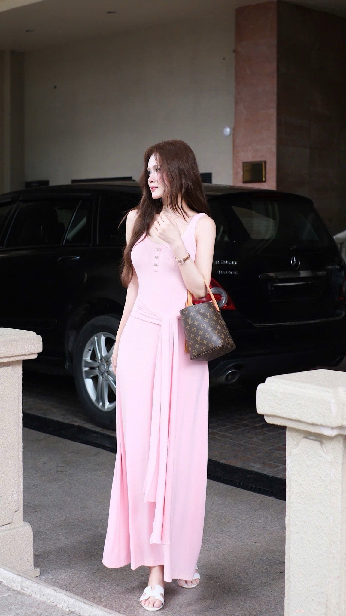 Đầm Dài Cột Eo Đính Nơ