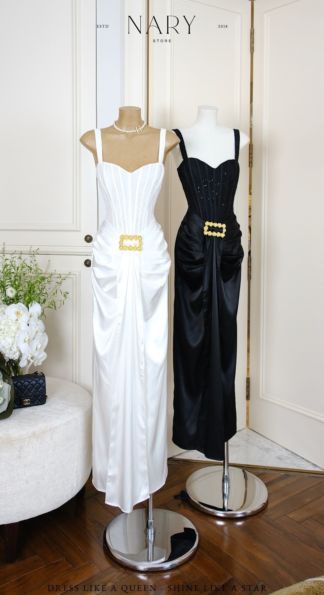 Đầm Lụa Xẻ Trước Kèm Charm