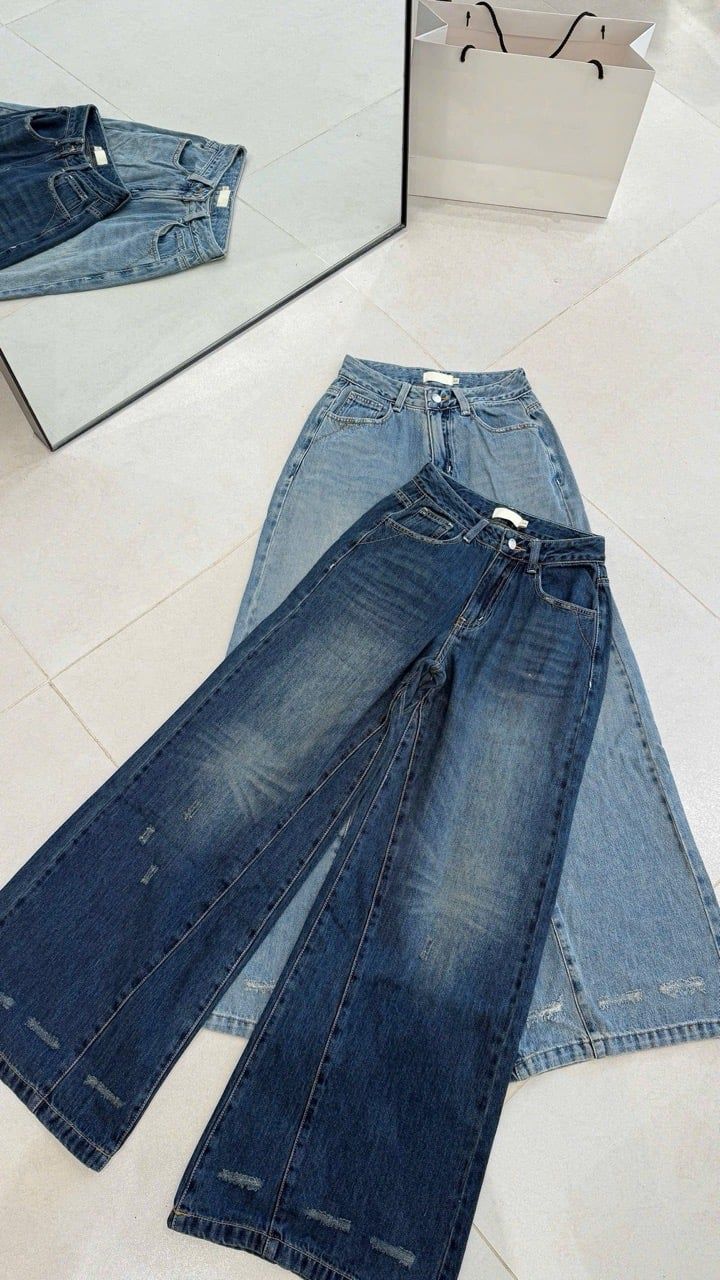 Quần Jean Ống Rộng Wash Lai
