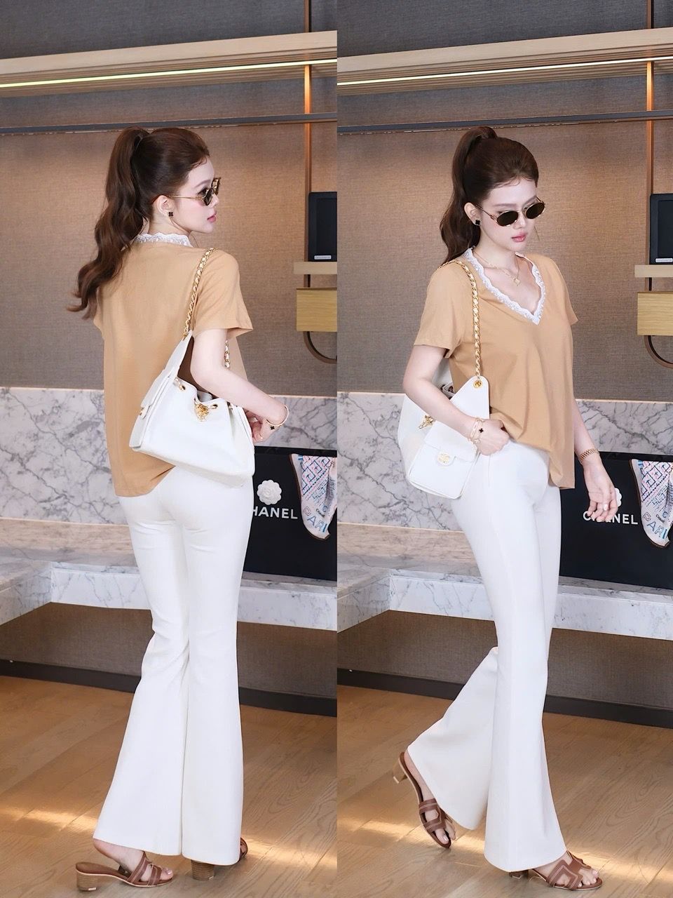 Set Áo Cổ V Quần Loe