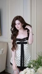 Đầm Chấm Bi Viền Ren Đính Nơ