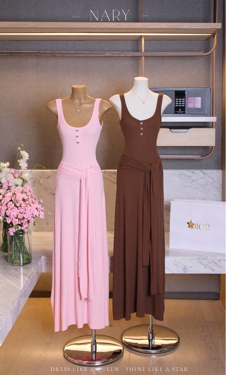 Đầm Dài Cột Eo Đính Nơ