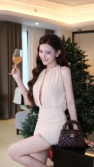 Đầm Hở Lưng Dập Ly Viền Đá