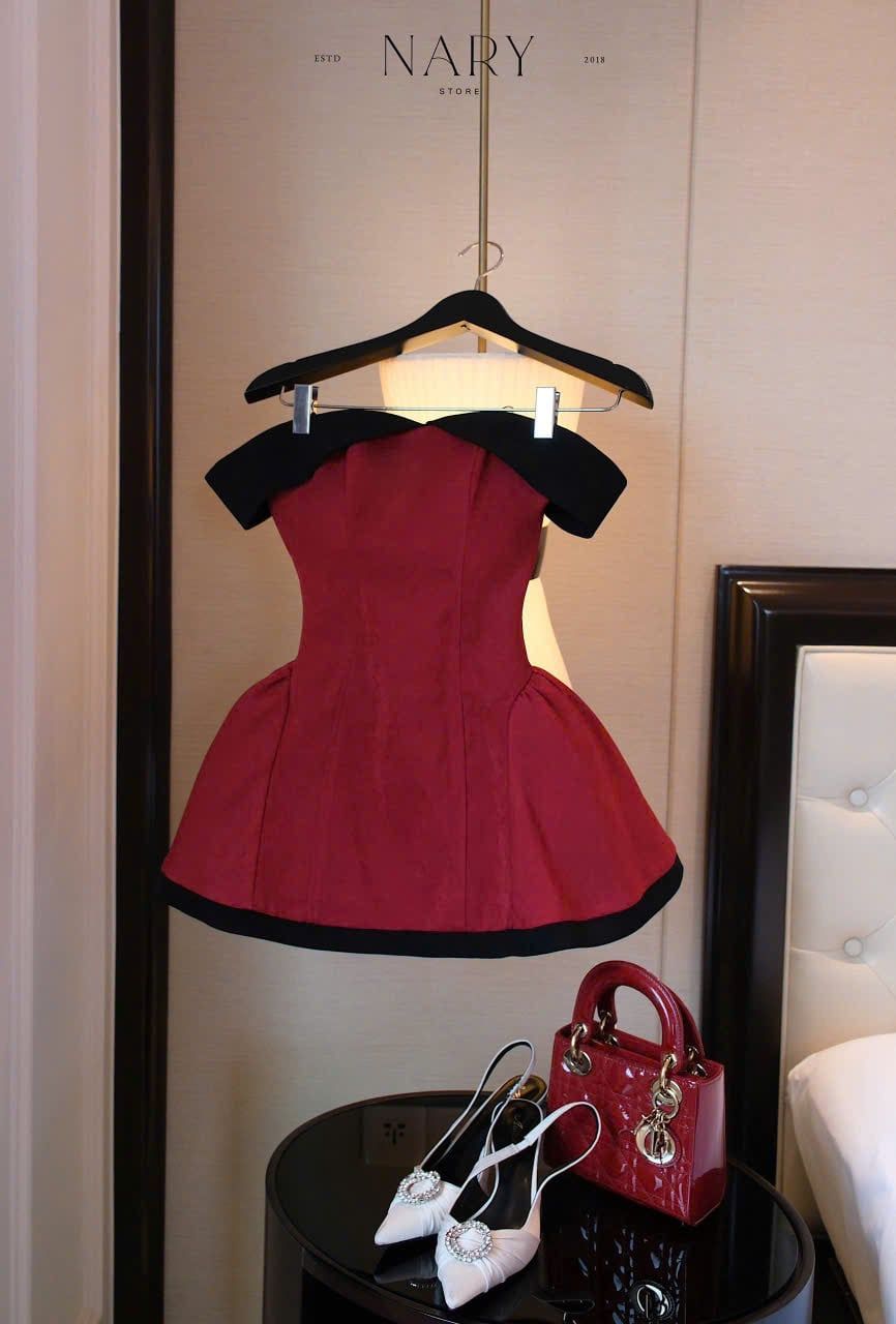 Đầm Xòe Bẹt Vai Phối Màu