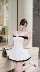 Đầm Xòe Bẹt Vai Phối Màu