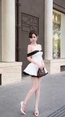 Đầm Xòe Bẹt Vai Phối Màu