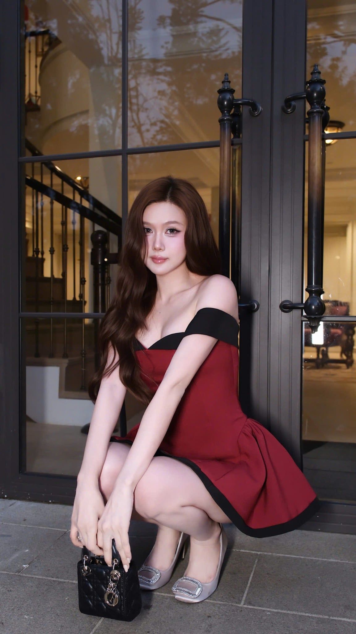 Đầm Xòe Bẹt Vai Phối Màu