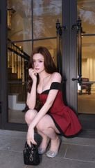 Đầm Xòe Bẹt Vai Phối Màu