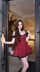 Đầm Xòe Bẹt Vai Phối Màu