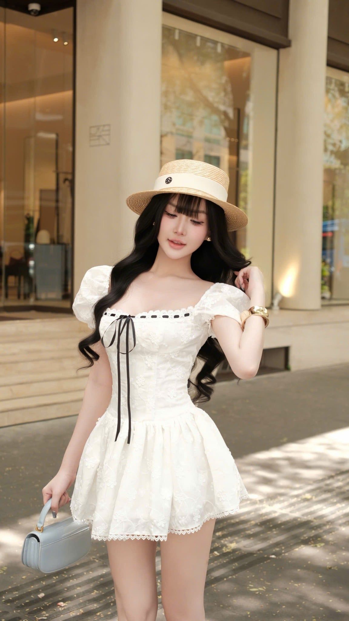Đầm Tay Phồng Xô Hoa Nổi
