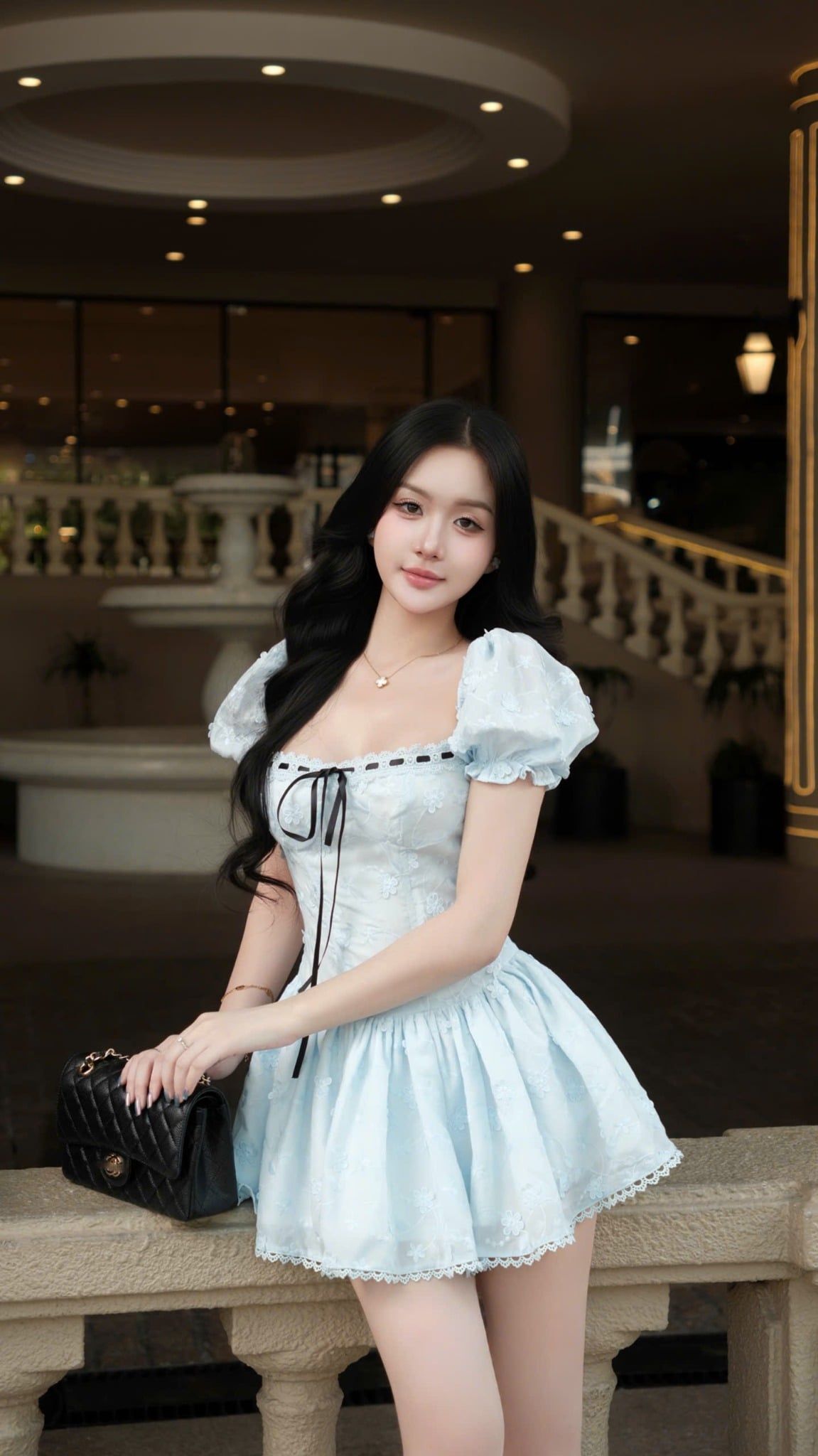 Đầm Tay Phồng Xô Hoa Nổi