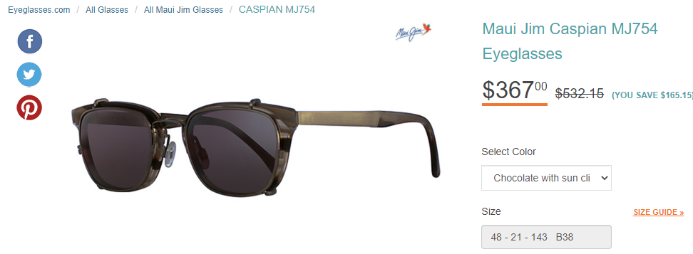  Maui Jim Caspian 754-02 with clip on sunglasses 