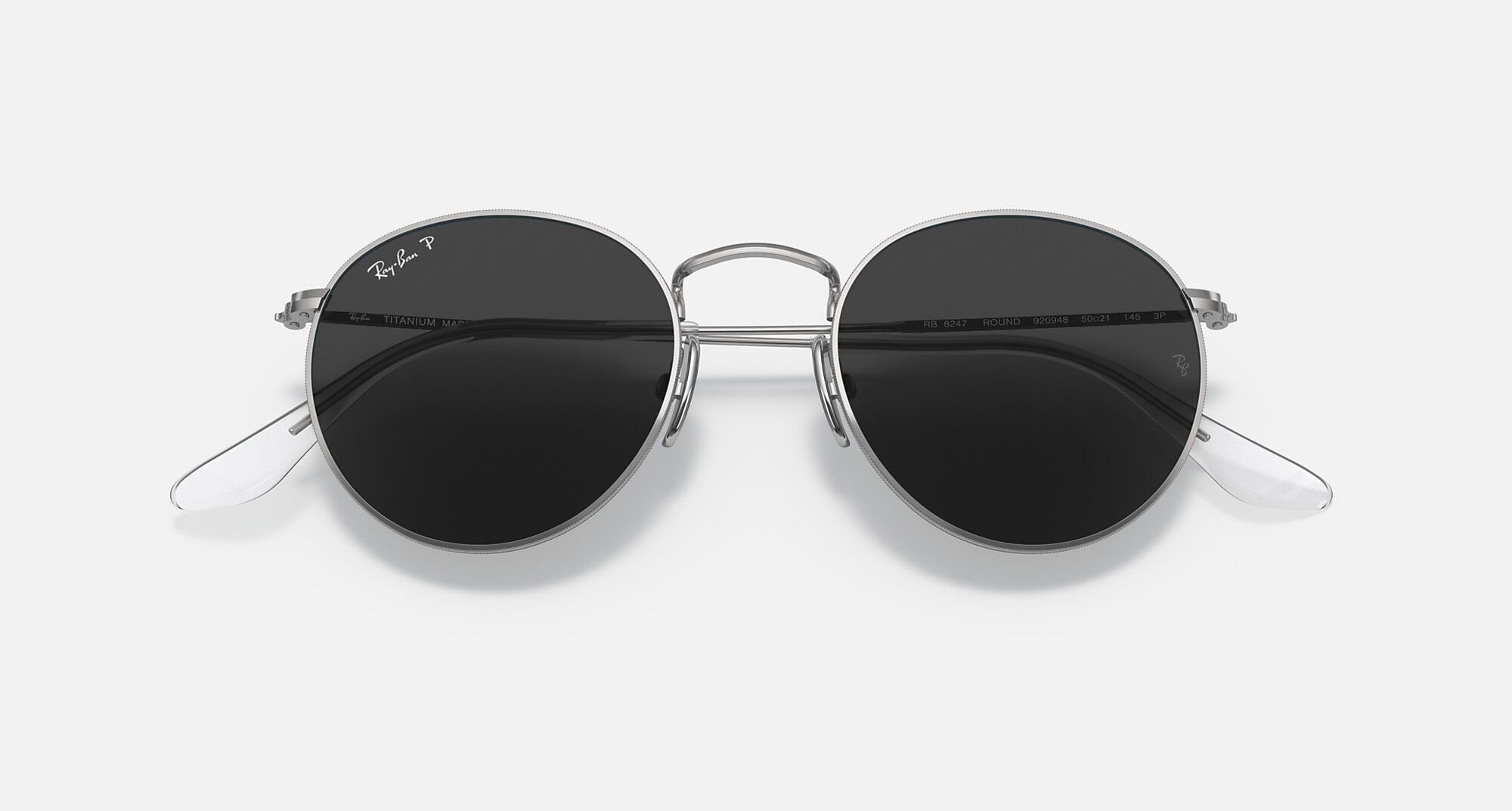  Ray Ban Round Titanium Polished Silver Frame Polarized Black Lenses sunglasses 