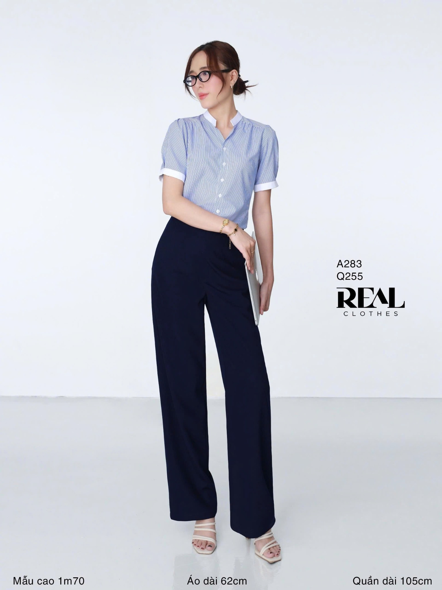 Sơ mi cổ trụ sọc xanh SALE