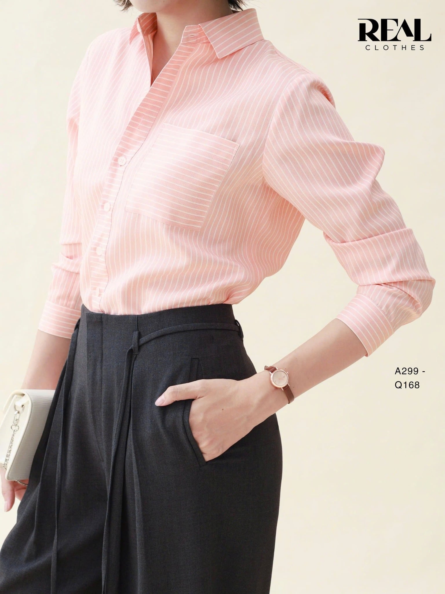 Sơ mi túi sọc hồng cam