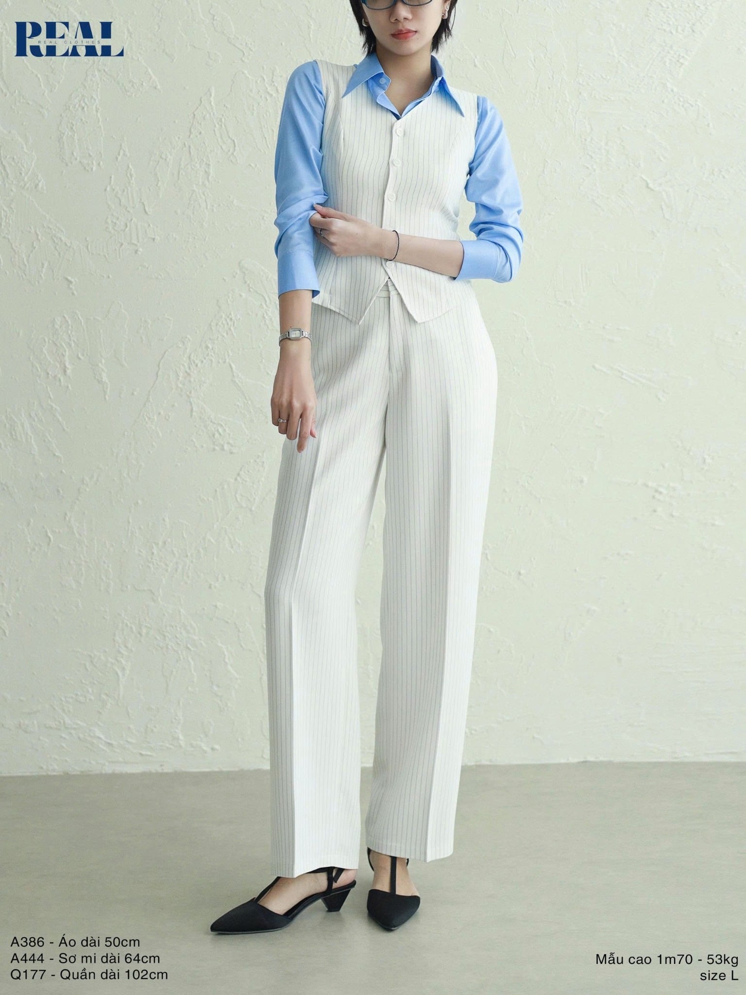 Sơ mi chít eo sọc tăm xanh