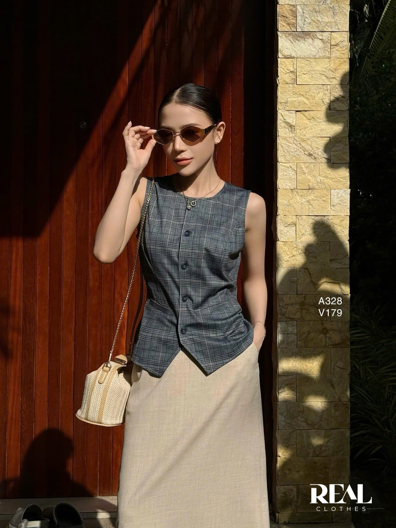  Áo kiểu ghile caro xanh 