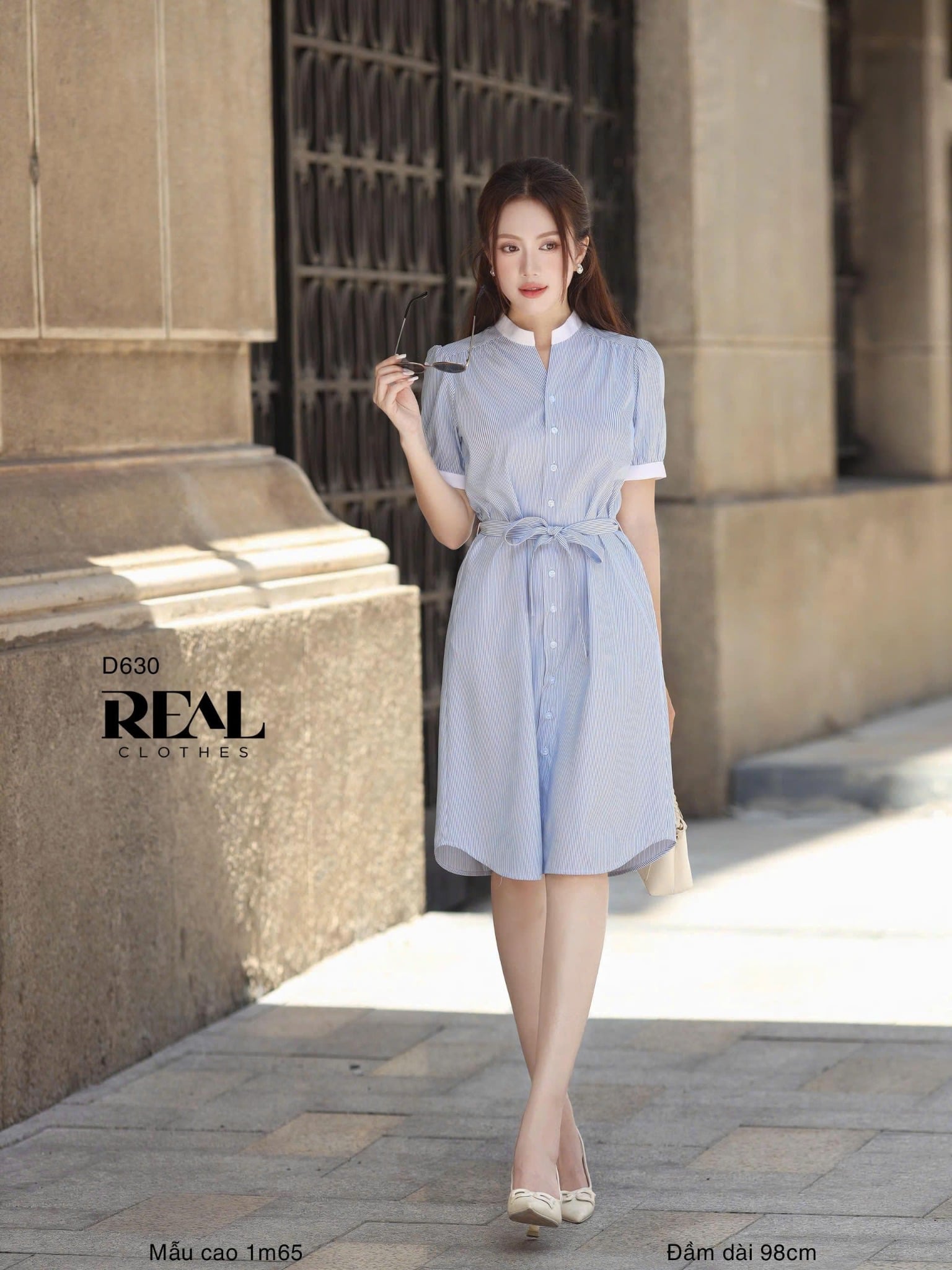 Đầm sơ mi cổ trụ sọc xanh MỚI