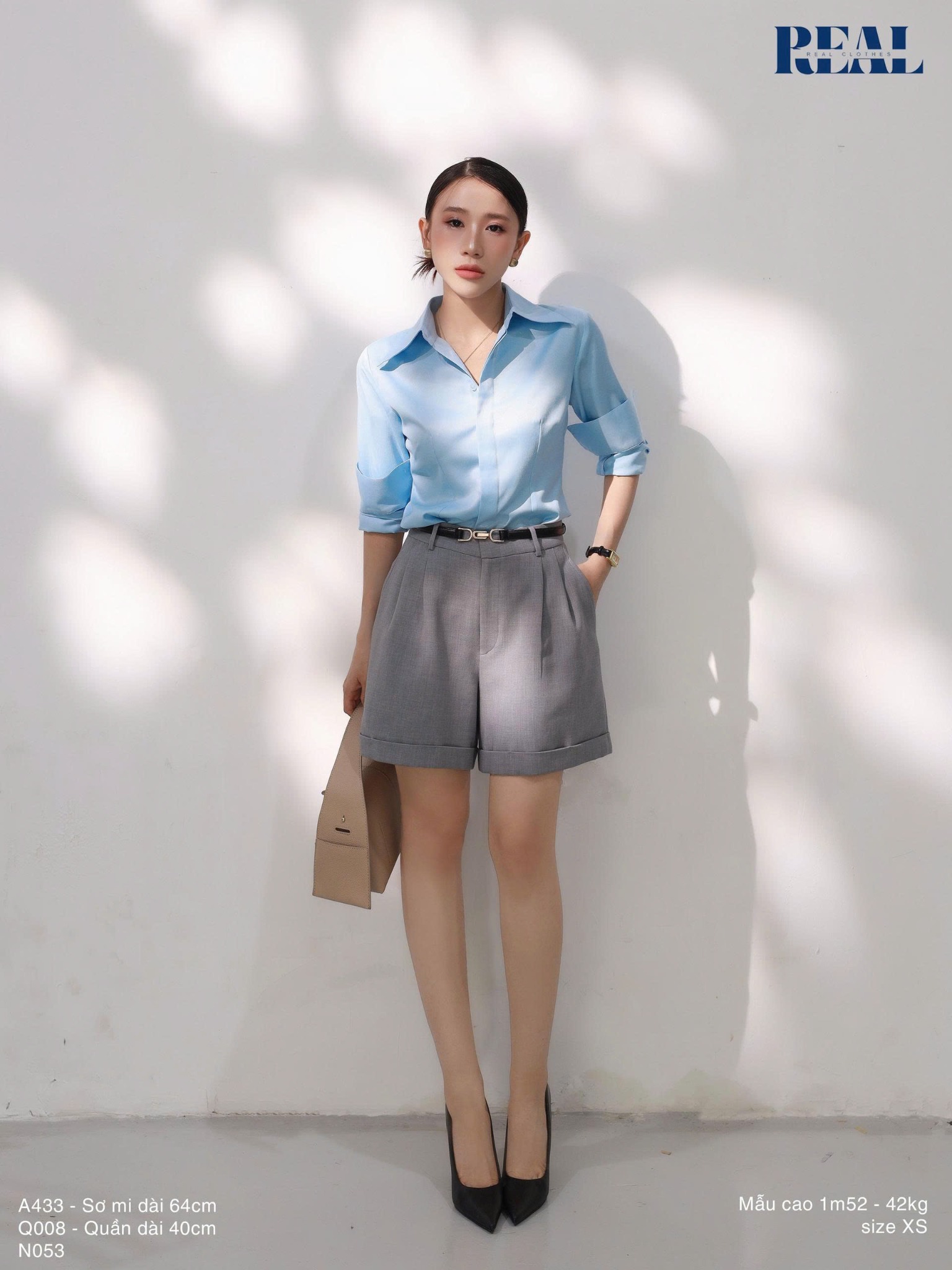 Sơ mi chít eo sọc tăm blue