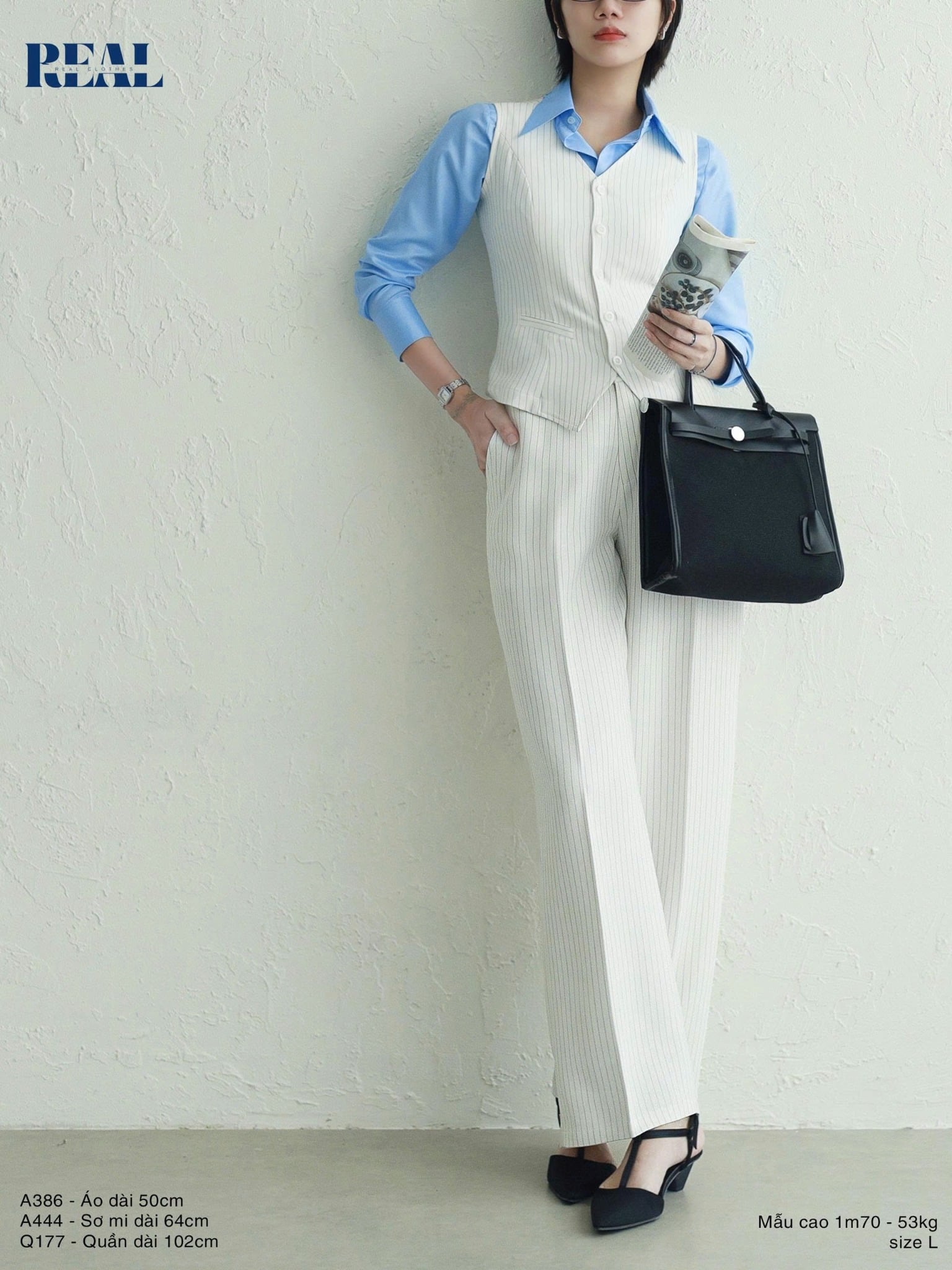 Sơ mi chít eo sọc tăm xanh