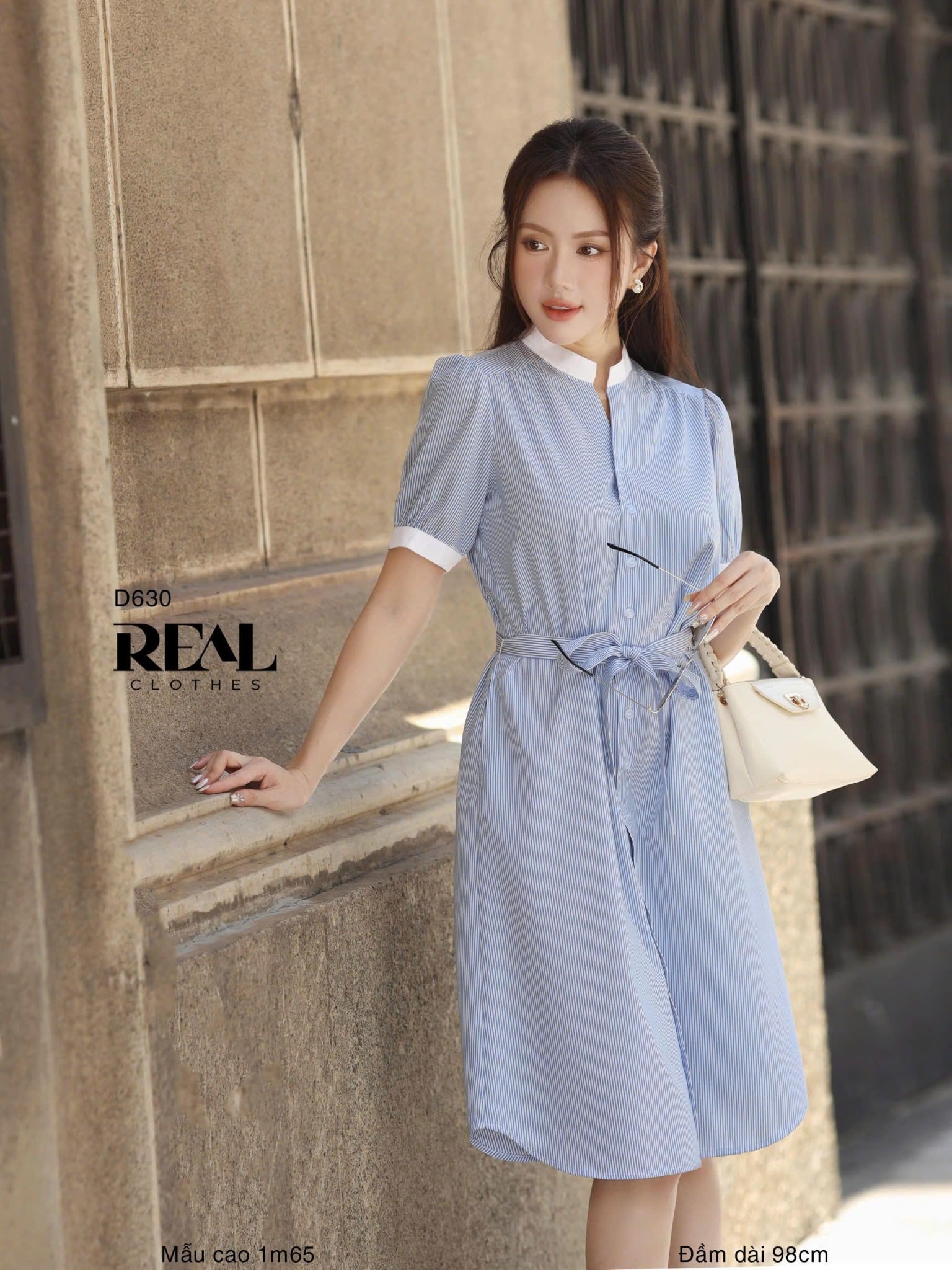 Đầm sơ mi cổ trụ sọc xanh MỚI