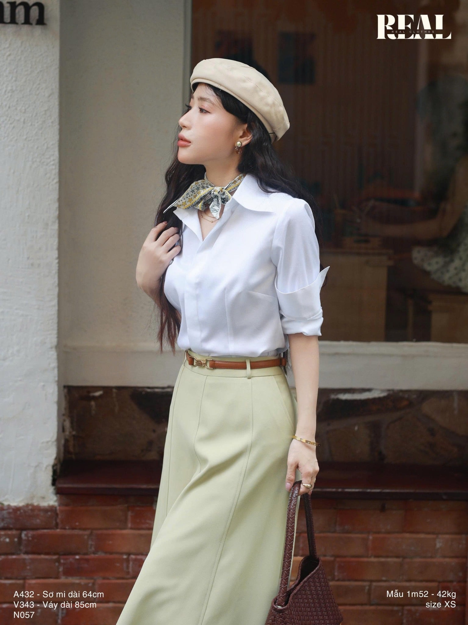  Sơ mi chít eo sọc tăm trắng 