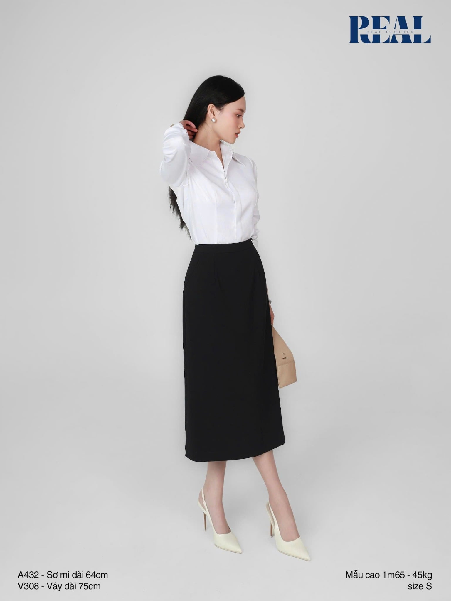 Sơ mi chít eo sọc tăm trắng