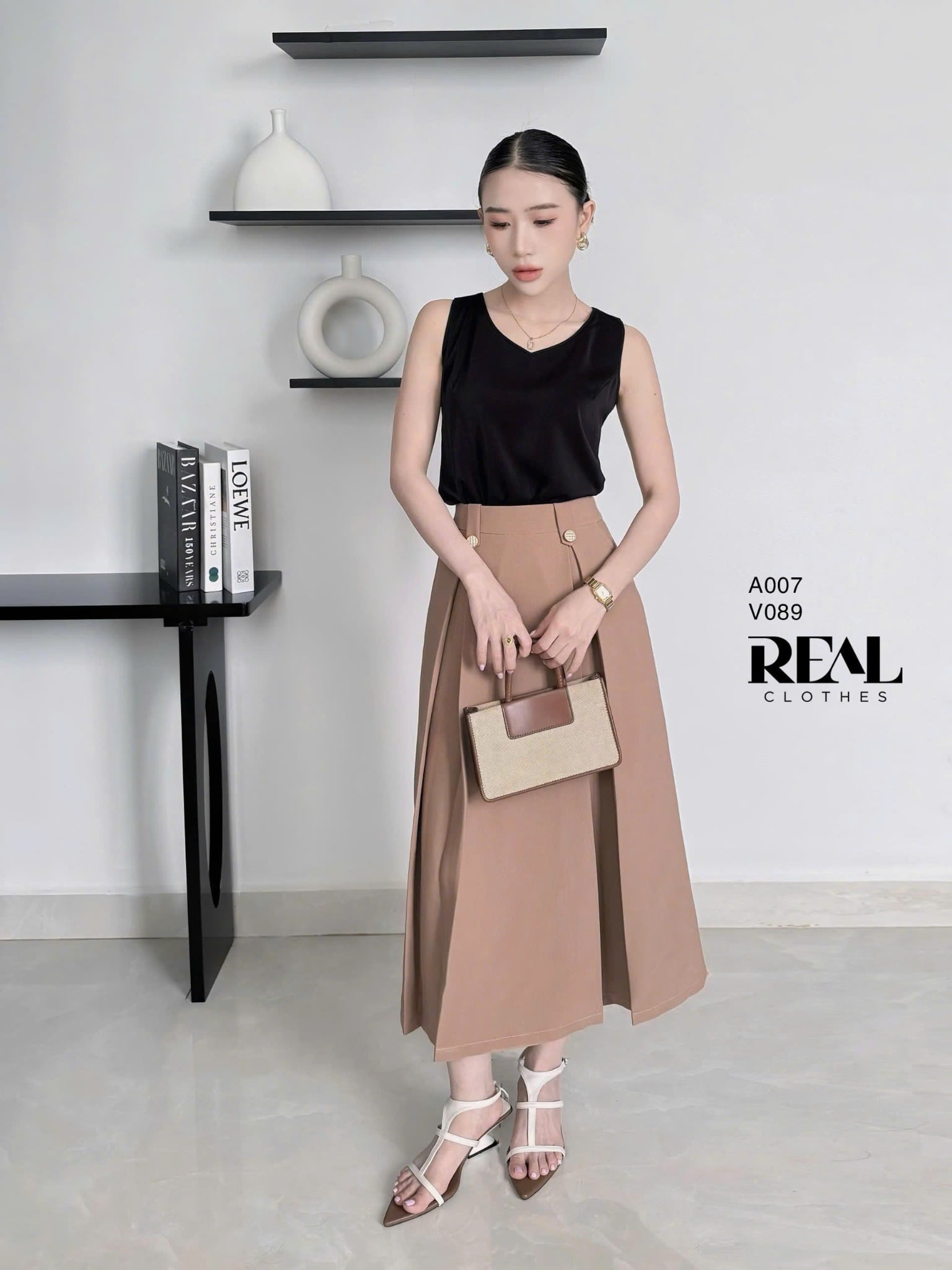 Váy 2 xếp nút cà phê sữa SALE