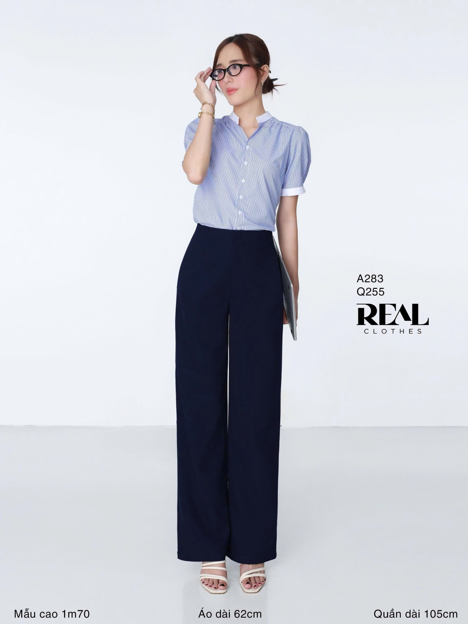 Sơ mi cổ trụ sọc xanh SALE