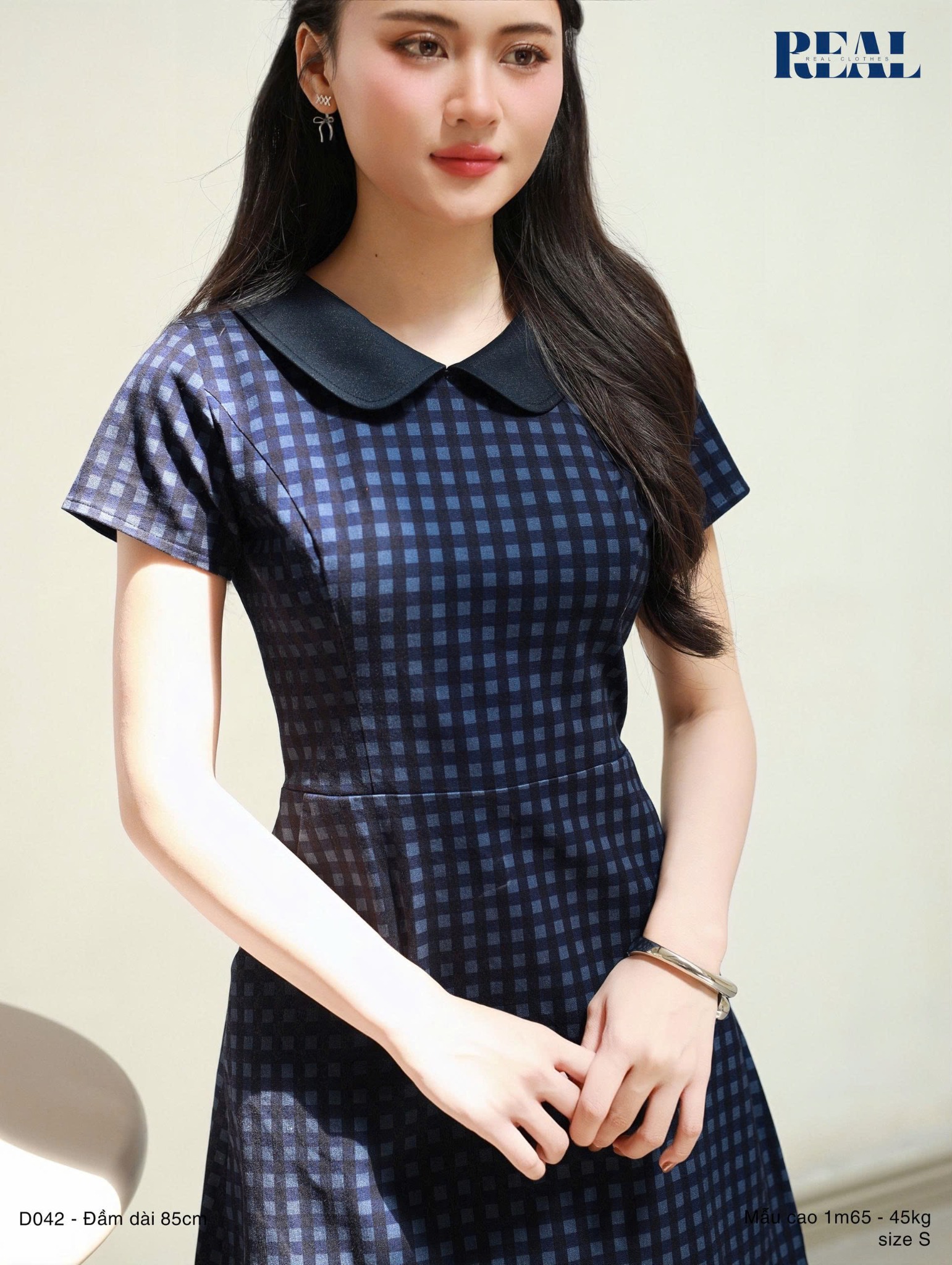 Đầm Jennie form A cổ lá sen ô xanh