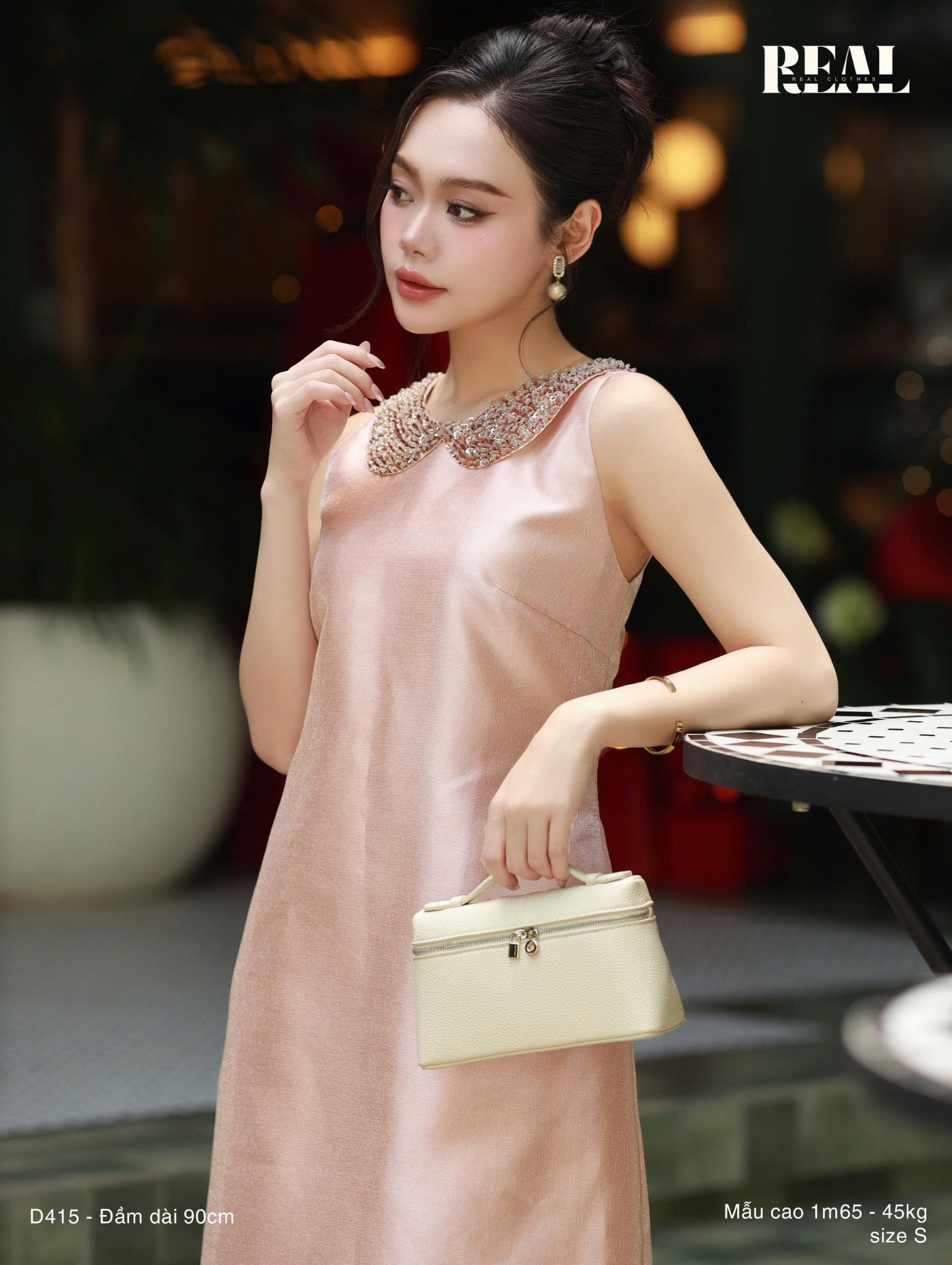 Đầm ánh cam cổ lá sen - size L