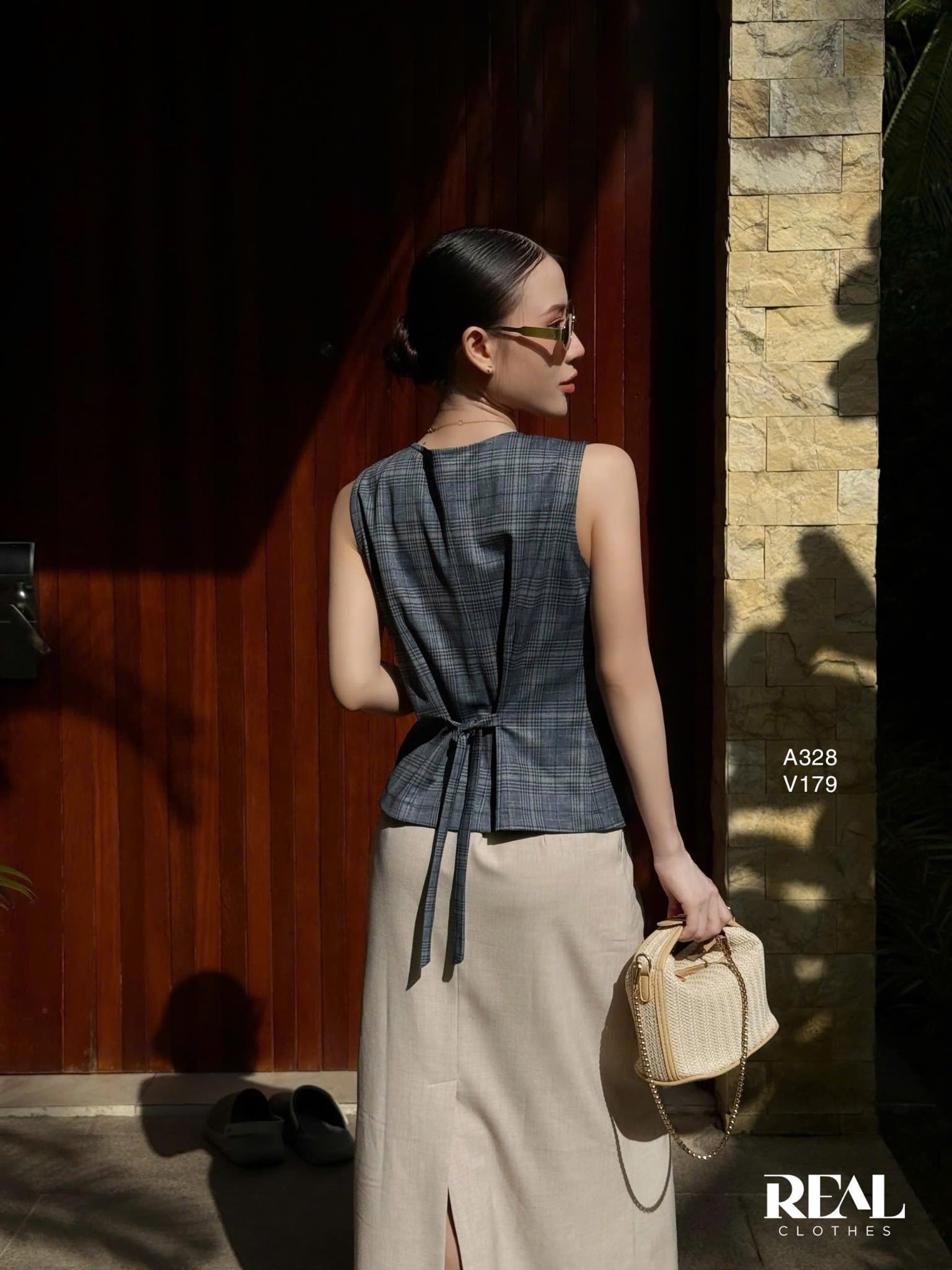 Áo kiểu ghile caro xanh